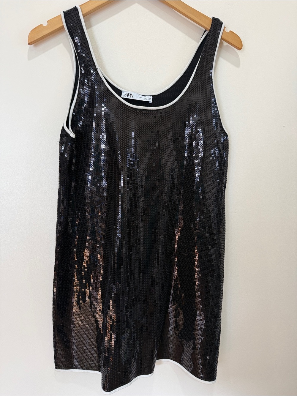 Zara Black Sequin Tank Mini Dress with White Trim - Picture 4 of 11